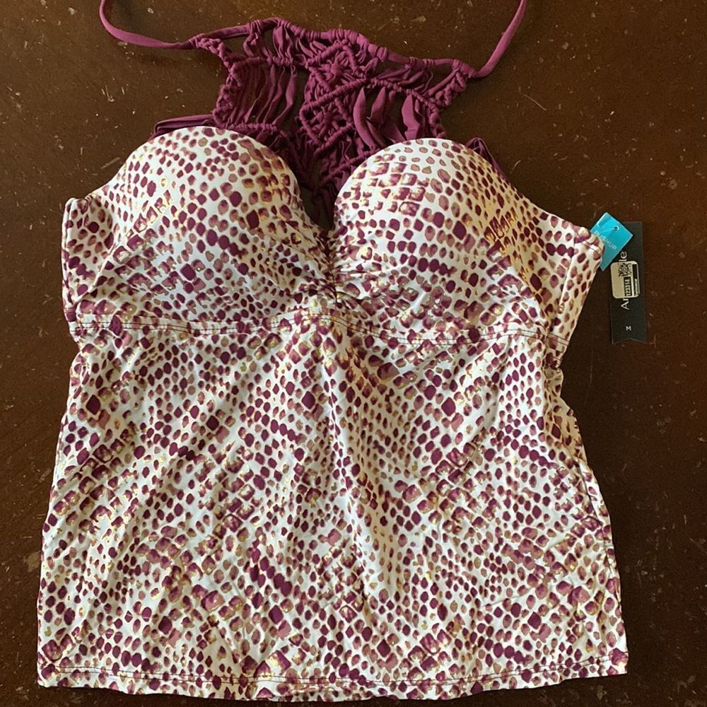 Ambrielle‎ plum, gold, and white boho reptile print push up tankini top